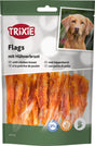 Hundertebeutel mit getrocknetem Hühnerbrustfilet dargestellt, Markenlogo "Trixie" oben, Hundebild rechts.