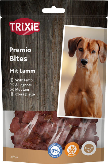 Verpackung für Hundesnacks der Marke Trixie mit Lammgeschmack, glutenfrei und ohne Zuckerzusatz, Hundebild.