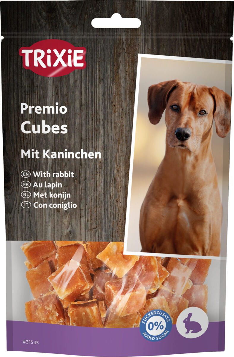 Verpackung von Trixie Premio Cubes mit Kaninchen, Abbildung eines Hundes, Text in mehreren Sprachen, null Prozent Zuckerzusatz.