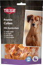 Verpackung von Trixie Premio Cubes mit Kaninchen, Abbildung eines Hundes, Text in mehreren Sprachen, null Prozent Zuckerzusatz.