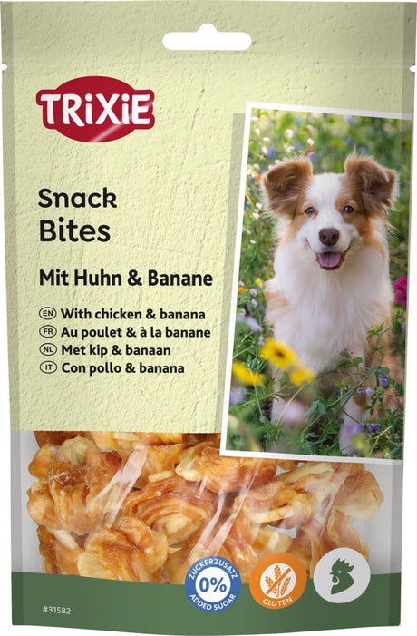 Verpackung mit "Trixie Snack Bites" zeigt Foto eines Hundes und Snacks; Geschmacksrichtung Huhn und Banane.