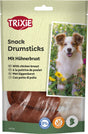 Hundesnack-Verpackung von Trixie mit Hühnerbrust-Drumsticks, Bild eines Hundes, glutenfrei und ohne Zuckerzusatz.