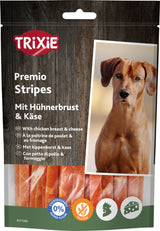 Hundesnack-Verpackung mit Hundebild, Text "Mit Hühnerbrust &amp; Käse", Symbole für zuckerfrei und glutenfrei.