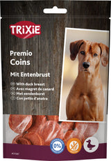 Tüte mit Hundefutter "Trixie Premio Coins" aus Entenbrust, zeigt roten Hund, Holzdesign und Kreise am Rand.