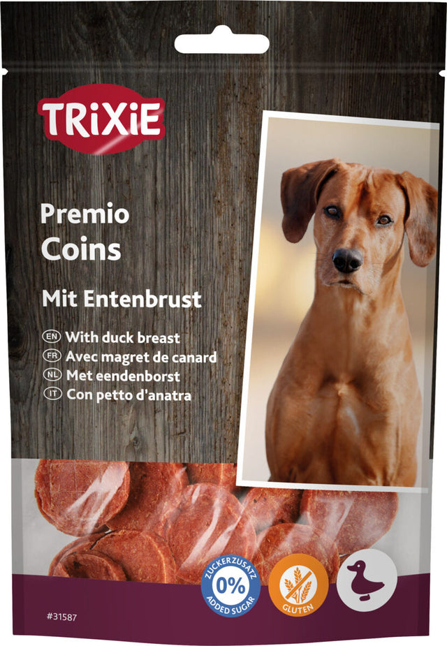 Tüte mit Hundefutter "Trixie Premio Coins" aus Entenbrust, zeigt roten Hund, Holzdesign und Kreise am Rand.