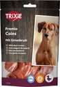Tüte mit Hundefutter "Trixie Premio Coins" aus Entenbrust, zeigt roten Hund, Holzdesign und Kreise am Rand.
