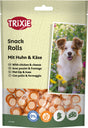 Hundesnacks mit Huhn und Käse in runder, zweifarbiger Form; Foto eines Hundes im Hintergrund, glutenfrei.
