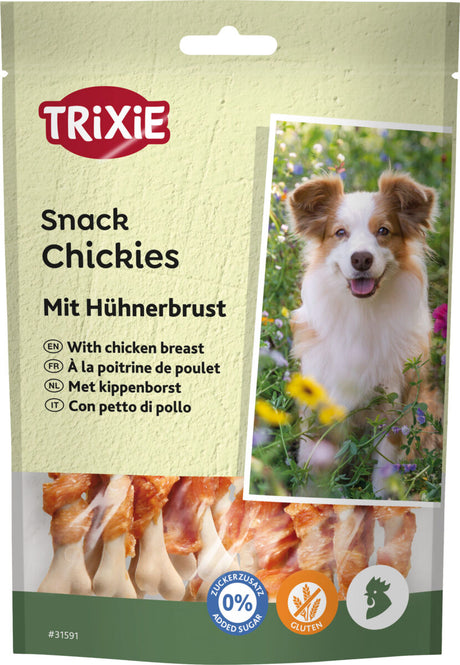 Eine Verpackung mit dem Aufdruck "TRIXIE Snack Chickies mit Hühnerbrust" und einem Hundebild, darunter diverse Sprachübersetzungen.