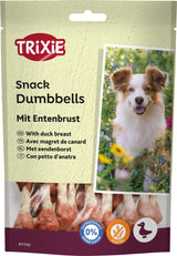 Hundesnack-Verpackung mit Text "Snack Dumbbells Mit Entenbrust" und Bild eines lächelnden Hundes; glutenfrei, kein Zuckerzusatz.