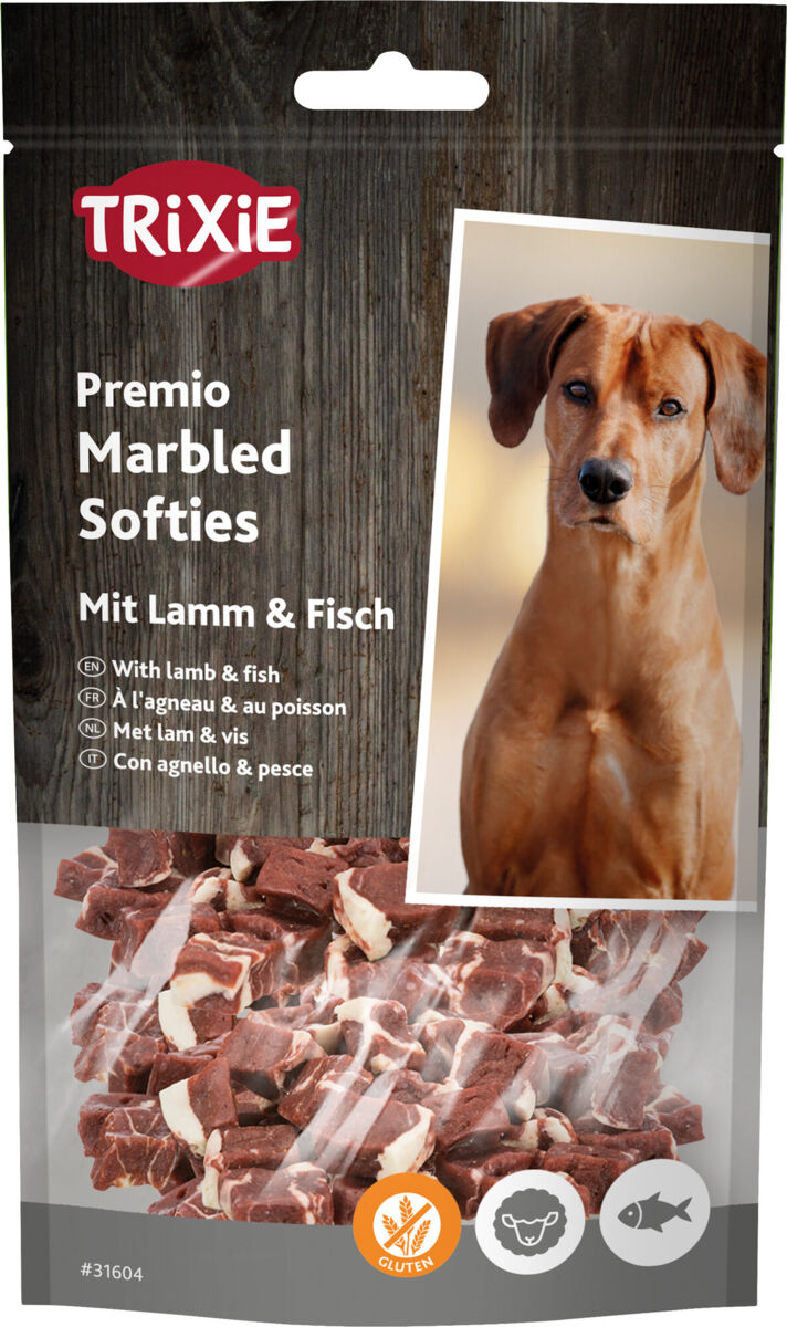 Verpackung von "Trixie Premio Marbled Softies" mit Lamm und Fisch, Abbildung eines Hundes, glutenfrei, 31604.
