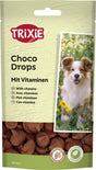 Verpackung von Trixie Choco Drops mit Vitaminen, vegetarisch und ohne Kakao, mit Bild eines Hundes und Schokofarbton.