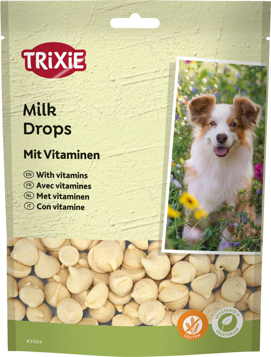 Verpackung von Trixie Milk Drops mit Vitaminen, zeigt einen Hund und beschreibt glutenfreies und vegetarisches Produkt.