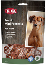 Verpackung von Trixie Premio Mini Pretzels mit Huhn, zeigt Foto eines Hundes und Hinweis auf Zuckerzusatz 0%.
