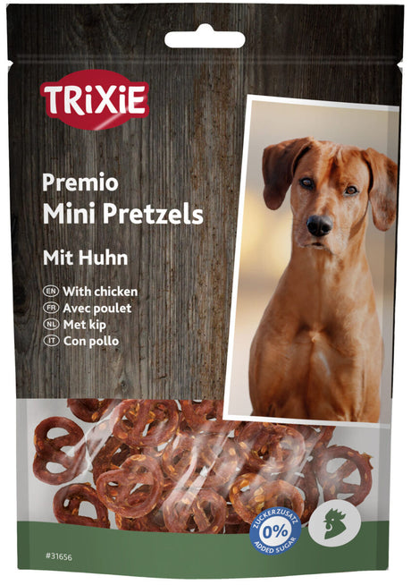 Verpackung von Trixie Premio Mini Pretzels mit Huhn, zeigt Foto eines Hundes und Hinweis auf Zuckerzusatz 0%.