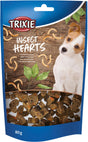 Hundesnack-Verpackung von Trixie mit Mehlwürmern als Zutat, blauer Hintergrund, Bild eines Hundes.