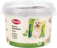 Durchsichtiger Plastikbehälter mit Trixie-Logo, "Vegan Cookies Bones" Text und Bild eines Hundes auf Etikett.