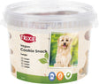 Runder, transparenter Behälter mit Trixie Vegan Cookie Snack Aufdruck, zeigt Hund und Symbole für zuckerfrei, glutenfrei und vegan.