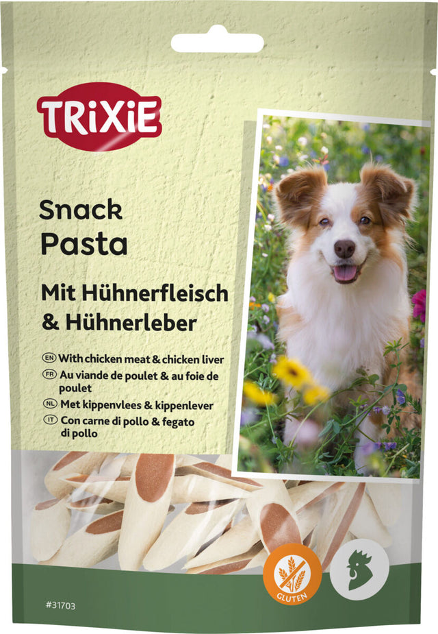 Hundesnack-Verpackung mit "TRIXIE" Logo, enthält Pasta mit Hühnerfleisch und Hühnerleber; Bild eines Hundes.