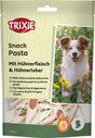Hundesnack-Verpackung mit "TRIXIE" Logo, enthält Pasta mit Hühnerfleisch und Hühnerleber; Bild eines Hundes.