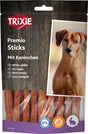 Verpackung von Trixie Premio Sticks mit Kaninchen, daneben Bild eines Hundes und Symbole für zuckerzusatzfrei und glutenfrei.