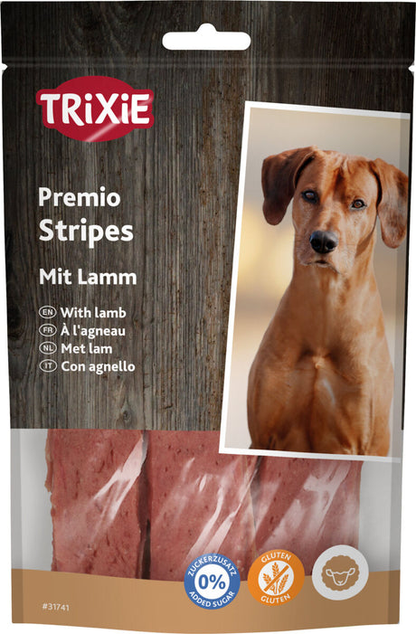 Verpackung mit der Aufschrift "TRIXIE Premio Stripes mit Lamm", zeigt einen Hund und Informationen zu Zuckerzusatz und Gluten.