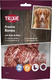 Verpackung von Trixie Premio Bones mit Ente und Reis, Bild eines Hundes, Symbole für zuckerfrei und glutenfrei.