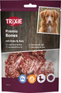 Verpackung von Trixie Premio Bones mit Ente und Reis, Bild eines Hundes, Symbole für zuckerfrei und glutenfrei.