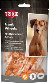 Tüte mit Hunde-Snacks "Trixie Premio Wheels" aus Hühnerbrust und Fisch, mit einem Foto von einem Hund.