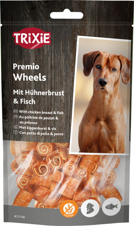 Tüte mit Hunde-Snacks "Trixie Premio Wheels" aus Hühnerbrust und Fisch, mit einem Foto von einem Hund.