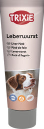 Eine hellbraune Tube mit grauem Deckel zeigt die Aufschrift "TRIXIE Leberwurst" und ein Bild eines Hundes.