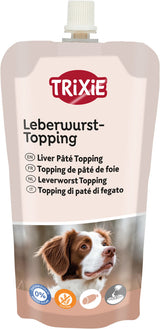 Hundeleckerli-Tube mit Leberwurst-Topping und Bild eines Hundes, mehrsprachige Produktübersetzung, glutenfrei.