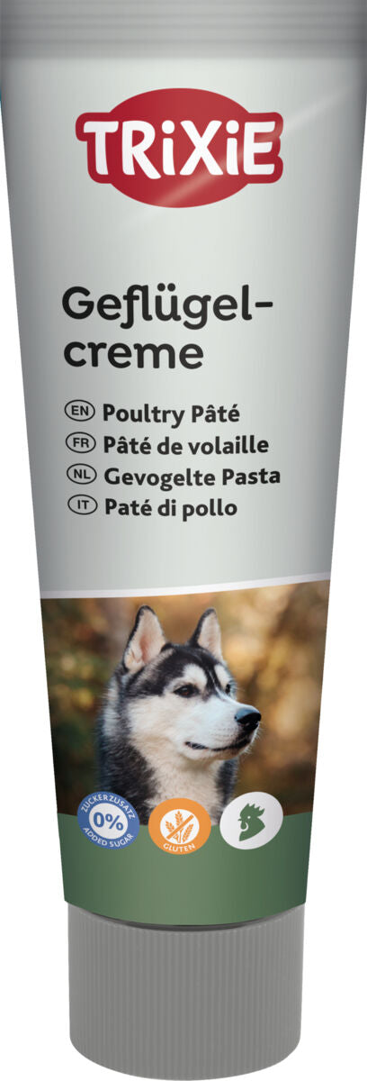 Tube mit der Aufschrift "TRIXIE Geflügelcreme" und einem Hundebild, mehrsprachige Beschriftung mit verschiedenen Symbolen.