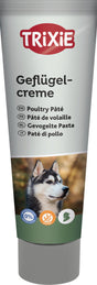 Tube mit der Aufschrift "TRIXIE Geflügelcreme" und einem Hundebild, mehrsprachige Beschriftung mit verschiedenen Symbolen.