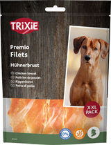 Verpackung von Hundesnack "Trixie Premio Filets" aus Hühnerbrust in XXL-Packung, mit Bild eines Hundes.