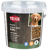 Hundesnack-Eimer mit braunen Bällchen, Aufschrift "TRIXIE Premio Trainer Snack Balls mit Huhn", Foto eines Hundes.