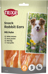 Verpackung von TRIXIE Rabbit Ears Snack mit Huhn, mit Bild eines Hundes und Text in mehreren Sprachen.