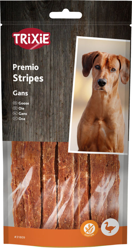 Verpackung von Hundesnacks der Marke Trixie mit Gänsegeschmack, rotes Logo, Bild eines Hundes, glutenfrei.