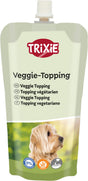Veggie-Topping-Verpackung mit Hundebild, Schriftarten in verschiedenen Sprachen und Symbolen für zuckerfrei und glutenfrei.