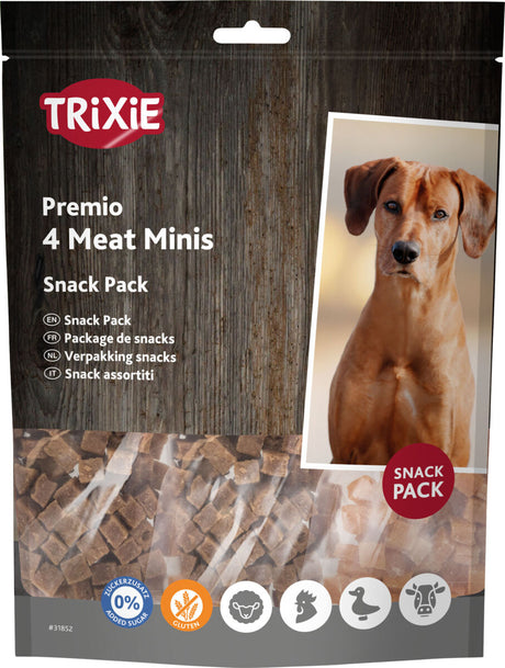 Verpackung mit der Aufschrift "Trixie Premio 4 Meat Minis", zeigt Hundebild und Snacks, glutenfrei, zuckerfrei.