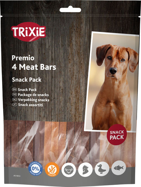 Verpackung mit der Aufschrift "TRIXIE Premio 4 Meat Bars" und einem Bild eines Hundes sowie Icons für Zuckerfreiheit und Glutenfreiheit.