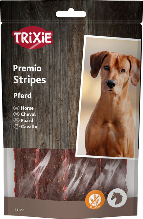 Verpackung von Trixie Premio Stripes Pferd, gezeigt mit Streifen und Hundebild ohne Gluten-Symbol.
