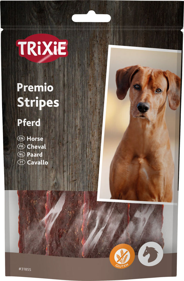 Verpackung von Trixie Premio Stripes Pferd, gezeigt mit Streifen und Hundebild ohne Gluten-Symbol.
