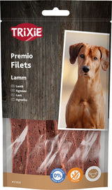 Verpackung von Trixie Premio Filets Lamm mit Hundeabbildung und Angaben zu Zuckerzusatz, Gluten und Lamm.