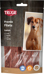 Verpackung von Trixie Premio Filets Lamm mit Hundeabbildung und Angaben zu Zuckerzusatz, Gluten und Lamm.