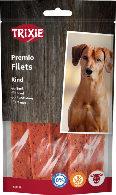 Verpackung von Trixie Premio Filets Rind mit einem Hund auf der Vorderseite, zeigt rote Fleischstreifen im Inneren.