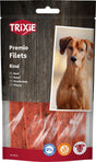 Verpackung von Trixie Premio Filets Rind mit einem Hund auf der Vorderseite, zeigt rote Fleischstreifen im Inneren.
