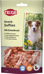 Hundesnack-Verpackung mit der Aufschrift "TRIXIE Snack Softies Mit Entenbrust" und einem Bild eines lächelnden Hundes.