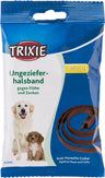 Verpackung eines braunen Ungezieferhalsbands gegen Flöhe und Zecken, 60 cm, mit Hundebildern darauf.