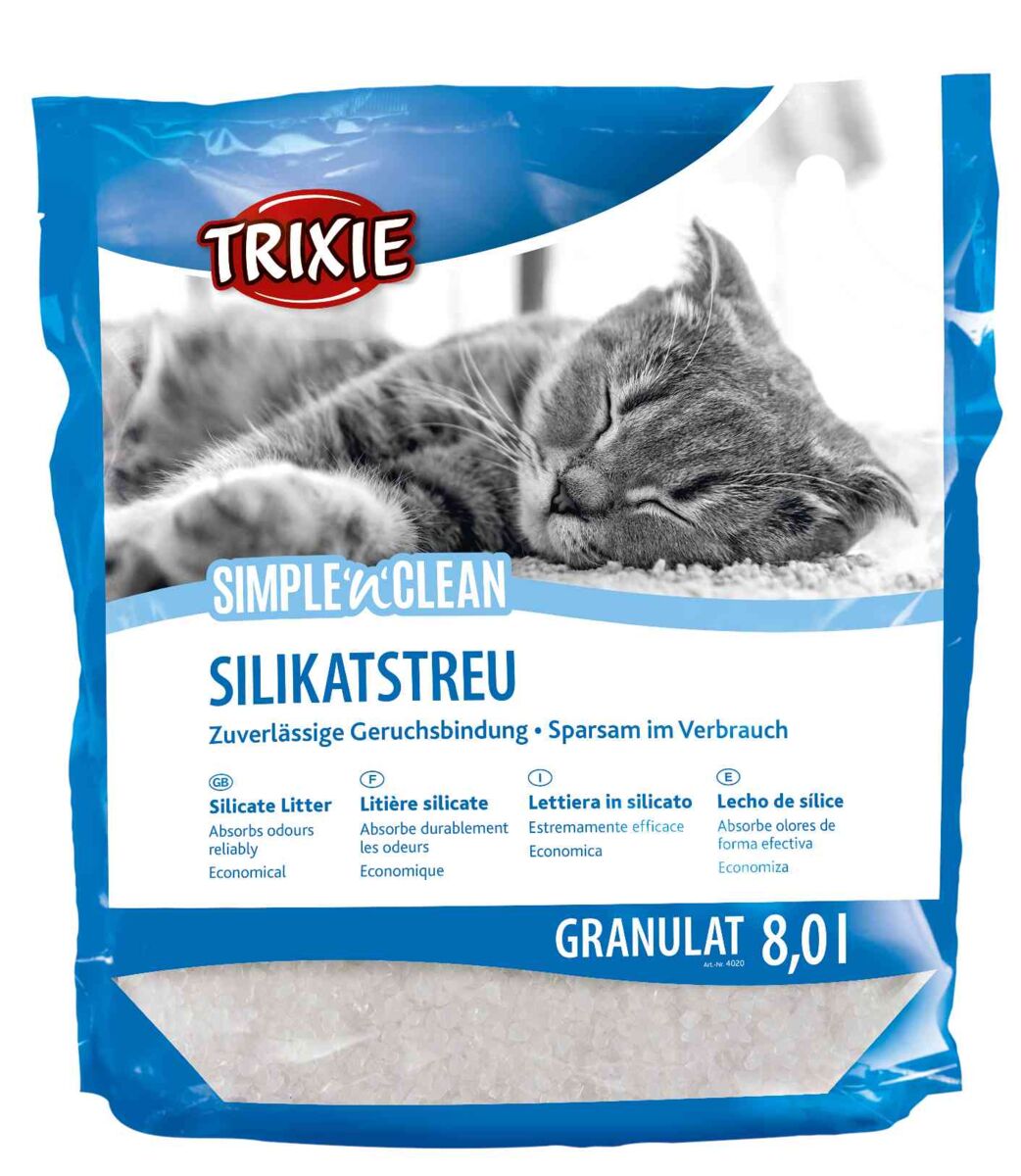 Verpackung von Katzensilikatstreu mit schlafender Katze, blauer Umrandung, Text in mehreren Sprachen, 8,0 l.