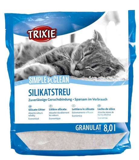 Verpackung von Katzensilikatstreu mit schlafender Katze, blauer Umrandung, Text in mehreren Sprachen, 8,0 l.